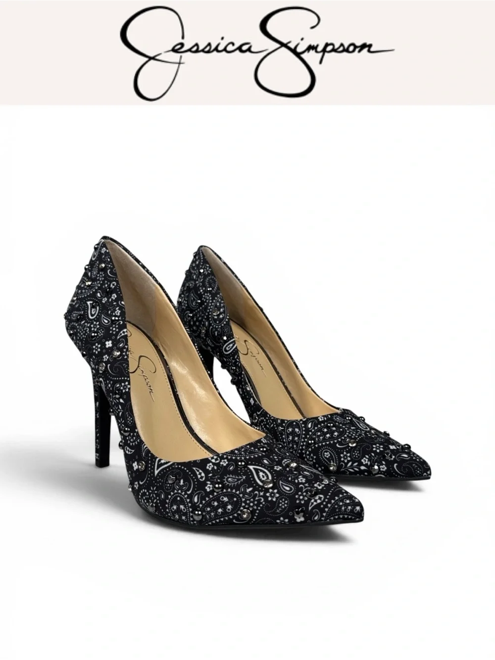 JESSICA SIMPSON CASSANI BANDANA PRINT STUDDED POINTED TOE STILETTO HEELS NIB 9